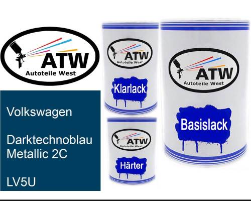 Volkswagen, Darktechnoblau Metallic 2C, LV5U: 500ml Lackdose + 500ml Klarlack + 250ml Härter - Set, von ATW Autoteile West.